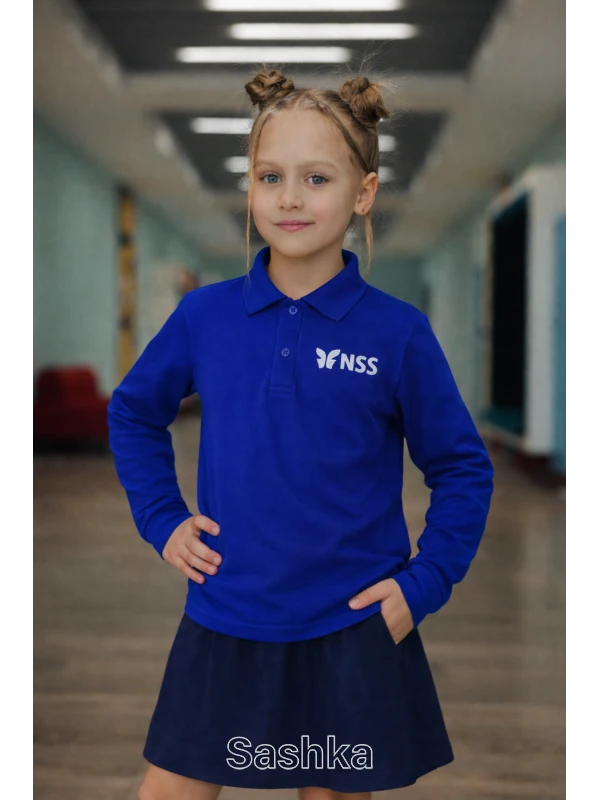 Поло для дівчинки з довгим рукавом синє з логотипом школи NSS, розмір 116-188